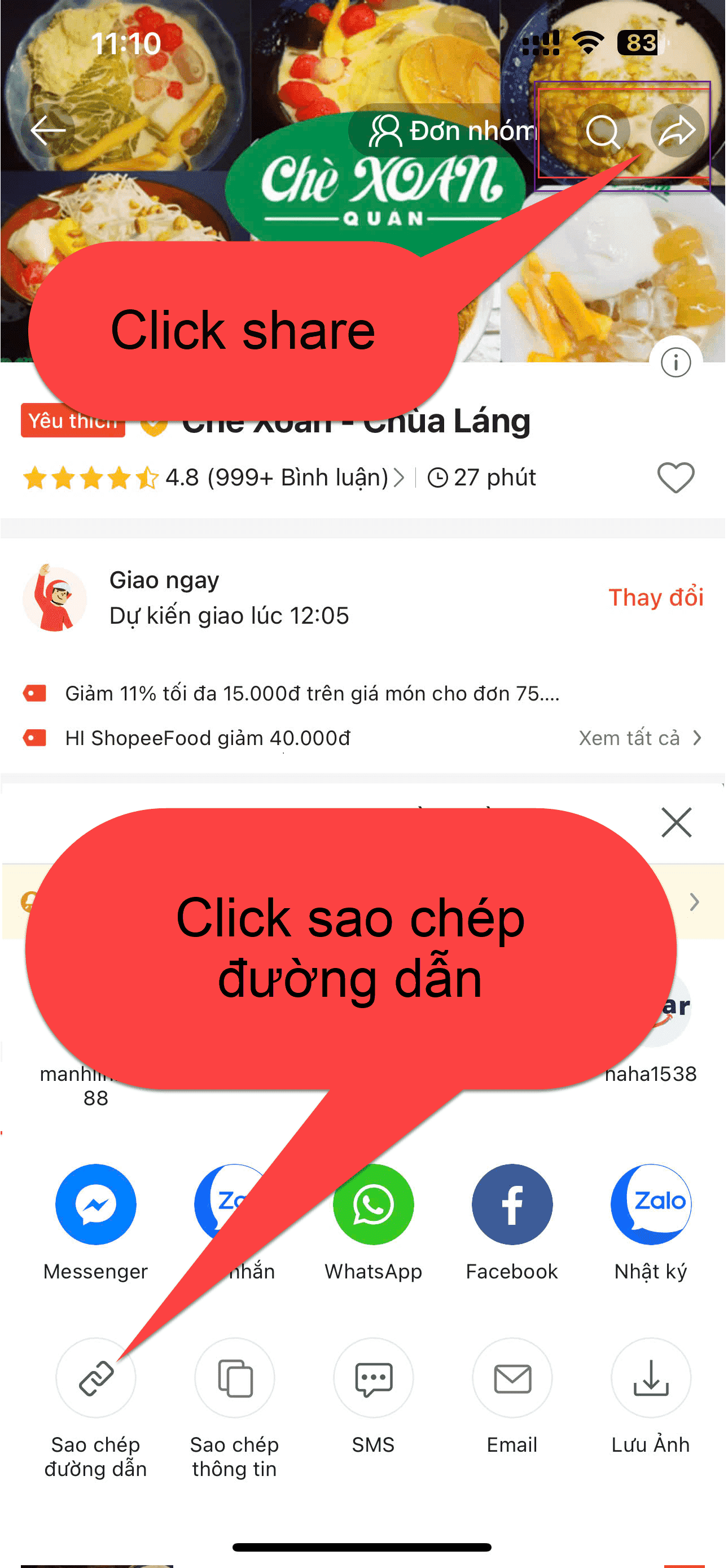 Hướng dẫn copy link từ app ShopeeFood